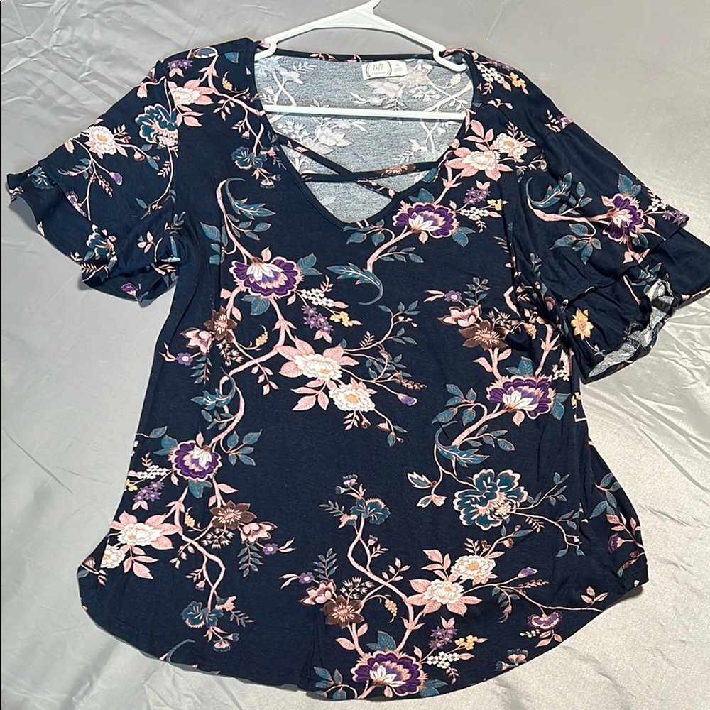 Floral V-Neck Ruffle Sleeve Top - Navy